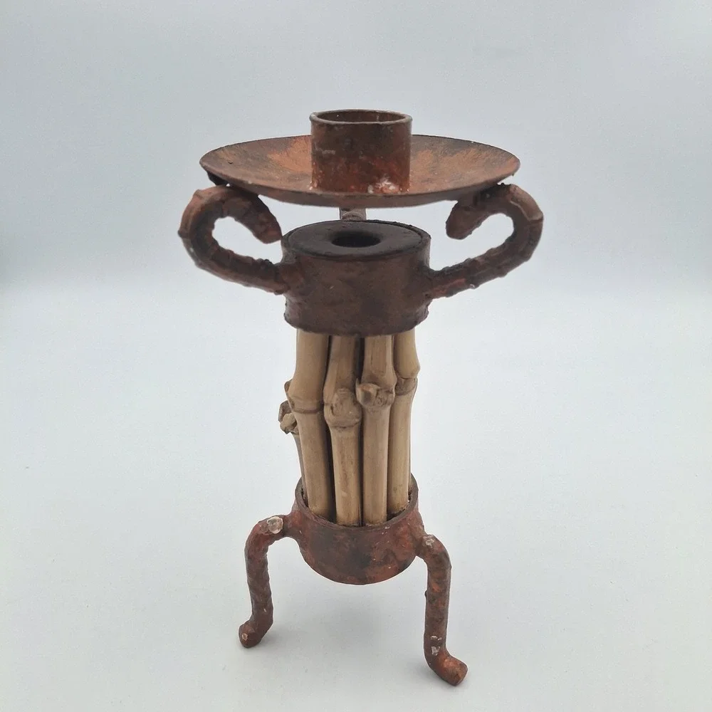 Rustic Metal Candleholder Bamboo Contrast Accent Three Legged Patina Rugged 7 In